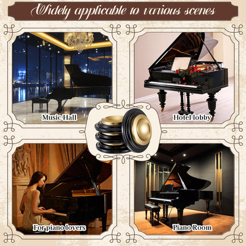 4 Pcs Piano Caster Cups Set For Hardwood Floors Metal Rubber Construction showing use in music hall, hotel lobby, piano room, and with pianist