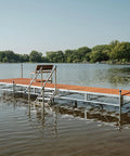 Heavy Duty Aluminum Dock Stairs With Five Wide Platforms And Twin Handrails for easy access to water from dock.