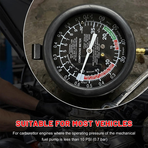Heavy Duty Auto Fuel Pump And Vacuum Test Gauge Kit showing compound meter dial for pressure and vacuum measurement.