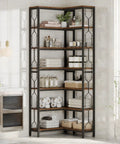 Seven Tier Corner Shelf Industrial Bookcase Crafted Tough To Clear The Decks Of Clutter While Holding Down All Your Gear And Keeping Every Nook Looking Sharp And Tidy, featuring E0 grade wood and metal supports, in corner space.