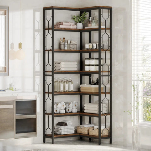 Seven Tier Corner Shelf Industrial Bookcase Crafted Tough To Clear The Decks Of Clutter While Holding Down All Your Gear And Keeping Every Nook Looking Sharp And Tidy, featuring E0 grade wood and metal supports, in corner space.