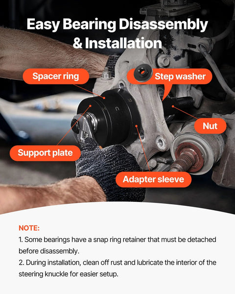 Master Wheel Hub And Bearing Remover And Installer Kit for Front Wheel Drive Vehicles, showing spacer ring and step washer application.