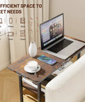 Tiny Footprint 3 Tier End Table With Wide Storage Surface For Small Spaces Rustic Brown, holding laptop and coffee cup