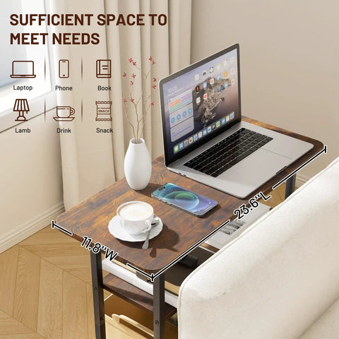 Tiny Footprint 3 Tier End Table With Wide Storage Surface For Small Spaces Rustic Brown, holding laptop and coffee cup