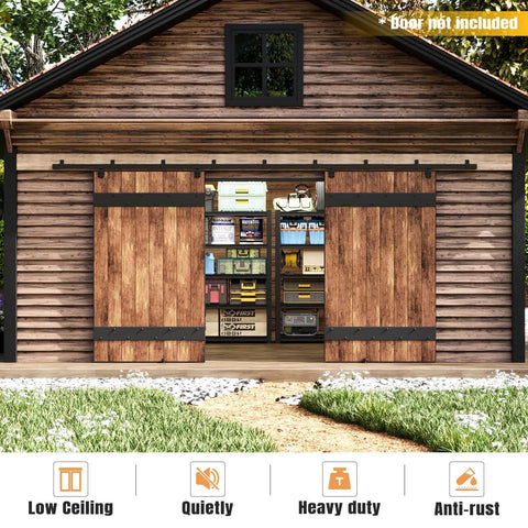 16 Foot Exterior Sliding Barn Door Hardware Kit With Box Rail Track For Exterior Use, 450 Lb Capacity, installed on shed