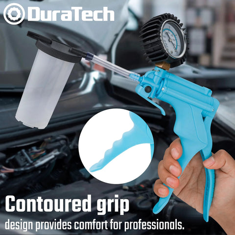 DURATECH blue 2-in-1 brake bleeder kit with handheld vacuum pump; gauge, clear reservoir, contoured grip.
