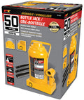 Rugged 50 Ton Hydraulic Bottle Jack With Low Profile Design For Tight Spaces, 11 3/4 To 18 7/8 Inch Lift Range, visible on packaging