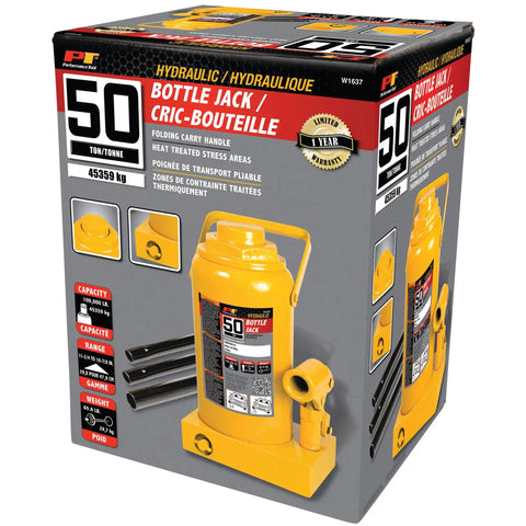 Rugged 50 Ton Hydraulic Bottle Jack With Low Profile Design For Tight Spaces, 11 3/4 To 18 7/8 Inch Lift Range, visible on packaging