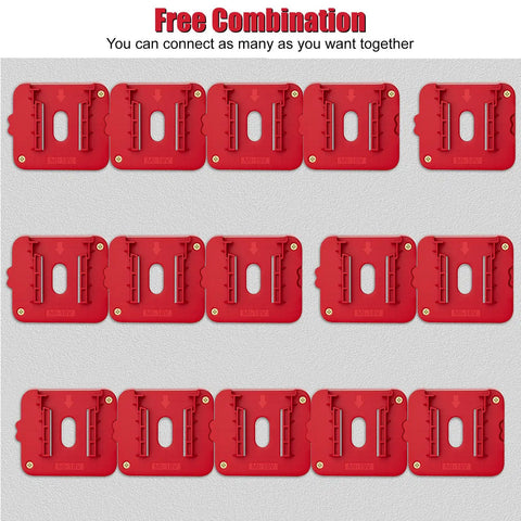 Heavy Duty Milwaukee 18V Battery Holder Storage Pack for Wall Mount shown in red color-coded ABS with multiple units connected