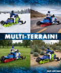 Four scenes of Switchback Assault RC Beast With Dual Ski System 2.4GHz RTR on snow, sand, grass, and asphalt terrain.