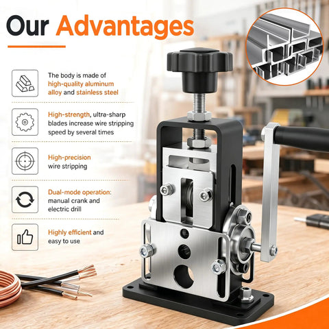 Knockout Performance Wire Stripper Machine For Scrap Copper featuring dual drive, aluminum frame, and upgradeable drill compatibility.