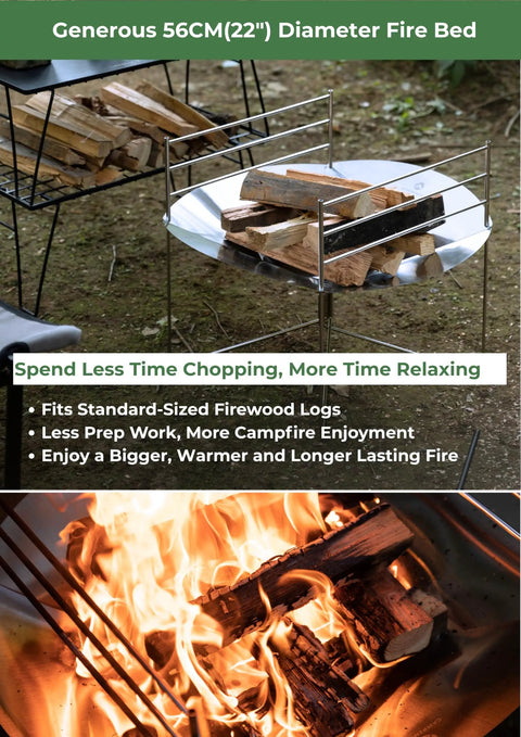 22 Inch Portable Fire Pit For Camping And RV Trips, Ultralight Foldable Round Grill Stand with firewood on 201 stainless steel surface