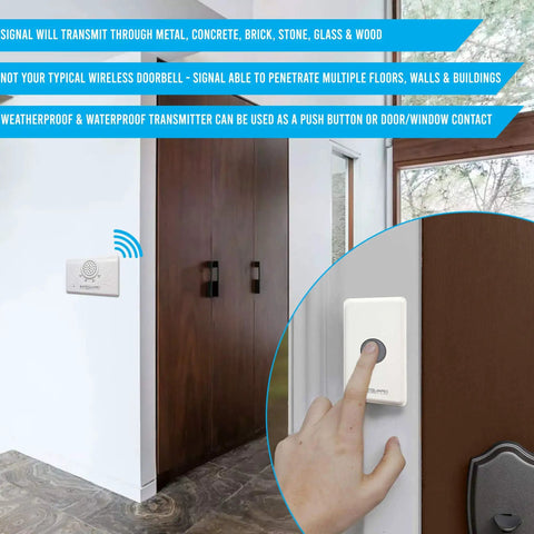 Person pressing transmitter of Long Range Wireless Doorbell Kit For Home And Biz With Dual Function Transmitter That Acts As Push Button Or Magnetic Door Contact, 4000 Feet Range, Heavy Duty Weatherproof, Signals Penetrate Concrete, Metal, Brick.