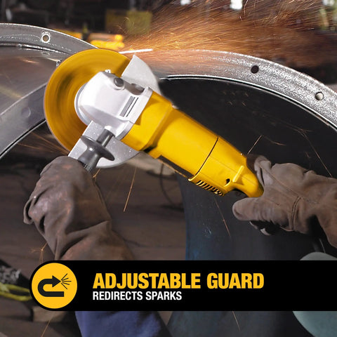 Using 7 Inch Angle Grinder Kit with 13 Amp Motor and Carry Bag for heavy duty grinding, sparks flying.