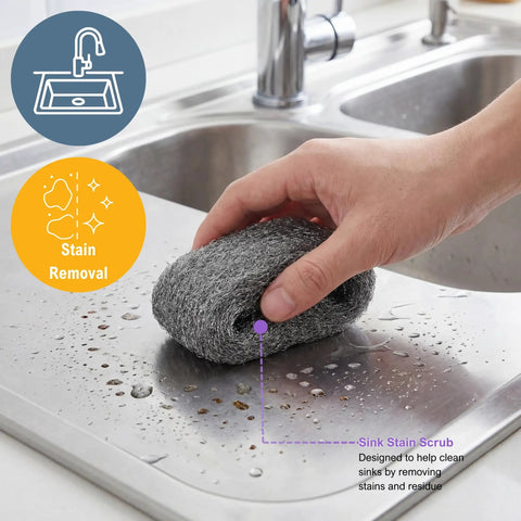 Hand using Ultra Fine 0000 Steel Wool Scrubbers For Glass And Surfaces Pack Of 8 Polishing Pads on stainless steel sink