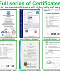 Full series of quality certifications for manufacturing standards, including ISO, IP65, MCB, boxed, and ROHS certifications.