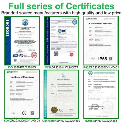 Full series of quality certifications for manufacturing standards, including ISO, IP65, MCB, boxed, and ROHS certifications.