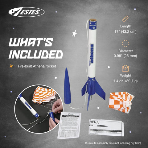 Athena Ready To Fly Beginner Model Rocket Kit prebuilt including rocket, parachute, and instructions for ages 10 plus.