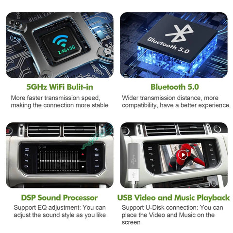 Plug And Play Wireless CarPlay Receiver For Land Rover Range Rover Evoque Discovery 4 Jaguar XE XF Bosch CarPlay Interface Retrofit Kit With Android Auto Mirror Link Reverse Camera USB Drive showing 5GHz WiFi, Bluetooth 5.0, DSP Sound Processor, and USB features.