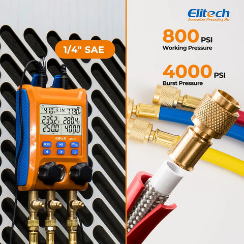 Digital HVAC Manifold Kit With Hoses And R410A Adapter, Pro Grade Pressure And Vacuum Tester For Quick Readouts, Leak Detection, And Accurate Diagnostics, Budget Friendly Tool For Technicians And DIYers, orange digital gauge with brass hose fittings