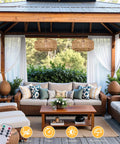 Laid Back Vibes 13 Inch Battery Powered Rattan Chandelier With Adjustable Brightness Dimmer And Timer For Gazebo Patio Or Pergola under a gazebo.
