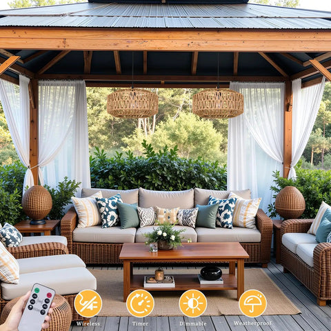 Laid Back Vibes 13 Inch Battery Powered Rattan Chandelier With Adjustable Brightness Dimmer And Timer For Gazebo Patio Or Pergola under a gazebo.