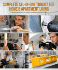 Collage of 8V USB Rechargeable Cordless Drill Set and Home Tool Kit in use for repairs and assembly