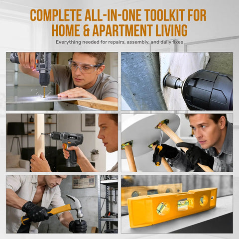 Collage of 8V USB Rechargeable Cordless Drill Set and Home Tool Kit in use for repairs and assembly