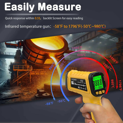 Go-To Non Contact Infrared Thermometer Gun With 50 To 1 Distance Ratio displaying temperature in an industrial setting