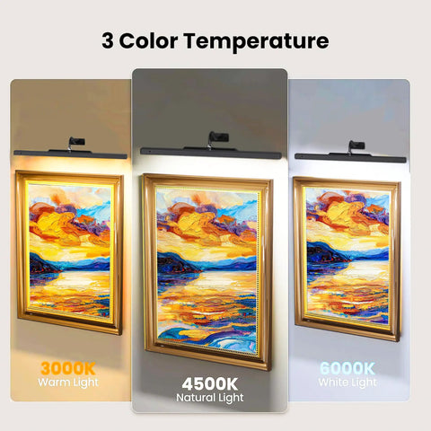 Wireless Rechargeable Picture Light Black 24 Inch Wall Sconce With Remote And Timer showing three color temperatures for artwork.