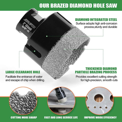 Diamond hole saw kit with 11-piece diamond core bits (6–65mm), plus 50mm chamfer saw and 20mm finger bit