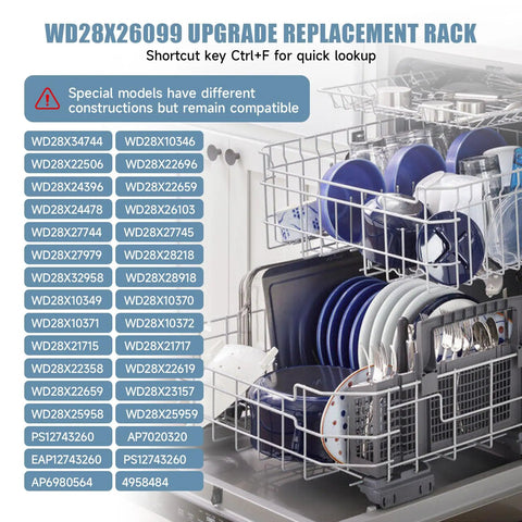 Replacement Lower Rack For GE Dishwashers That Fits WD28X34744 WD28X26099 And Other Compatible Part Numbers, loaded with dishes