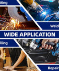 Heavy Duty Steel Welding Table 2000 Lbs Capacity 36 By 24 Workbench With 5/8 Fixture Holes And Tool Tray shown in welding, drilling, cutting, and repairing applications.