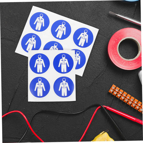 Sheets of blue protective suit labels, Ten Pack Protection Suit Warning Labels and Adhesive Safety Stickers for Factory Equipment.