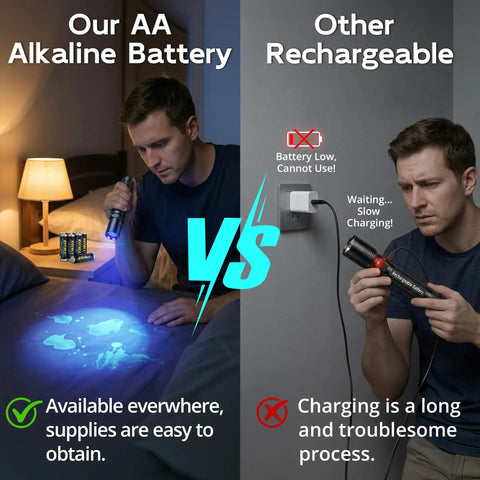 Comparison of 365Nm UV Black Light Mini Flashlight with AA battery vs rechargeable, showing usage and charging differences.