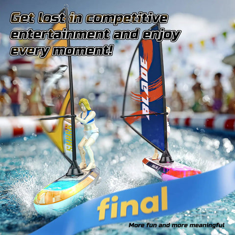 Two 2 Pack Remote Control Sailboats For Kids 2.4GHz RC Boats With LED Lights racing in a pool, featuring colorful designs and figures.