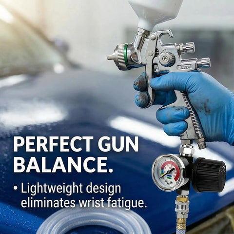 Tough Diaphragm Air Regulator With Analog Pressure Gauge For Hvlp Spray Guns And Compressors Dialing In Two To One Forty Psi features a gauge and trigger in use.