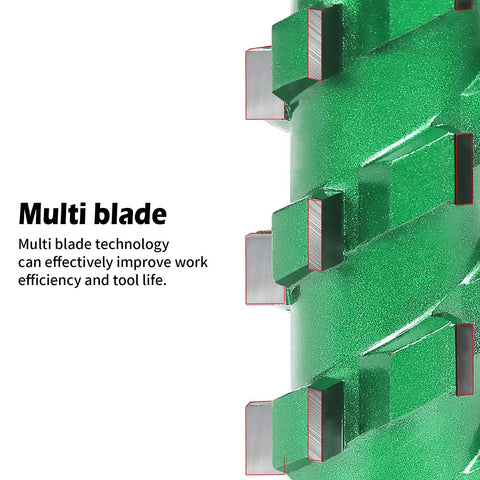 Close-up of Pro Grade Flush Trim Router Bit with Twenty Carbide Tips, showcasing green multi-blade tech for clean, efficient trim work.