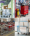 Built Like A Tank Heavy Duty 4 Inch Industrial Caster Wheels With Polyolefin Tires and Rust Resistant Galvanized Tracks on utility carts in a warehouse.