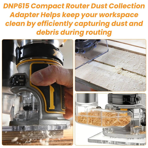Slick Router Dust Collection Adapter Built For Dewalt Dwp611 And Dwp611pk Compact Routers, capturing debris efficiently during routing.