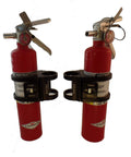 Two fire extinguishers mounted on One Hand Quick Release Fire Extinguisher Roll Bar Mount For 1.50 To 2.00 Inch Roll Bars Black Finish