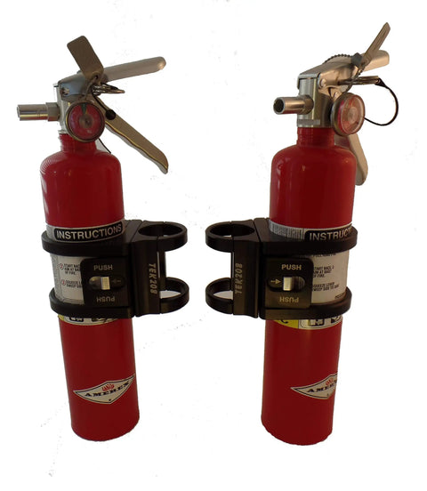 Two fire extinguishers mounted on One Hand Quick Release Fire Extinguisher Roll Bar Mount For 1.50 To 2.00 Inch Roll Bars Black Finish