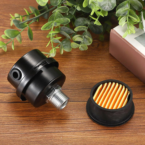 Air Compressor Silencer With Built In Filter And Intake Filter Replacement, One Half Inch PT, Metal Noise Muffler Kit on table