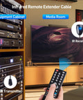 Infrared Remote Extender Cable Kit 6ft IR Repeater USB IR Blaster Cord extends remote control in home media room with AV equipment cabinet.