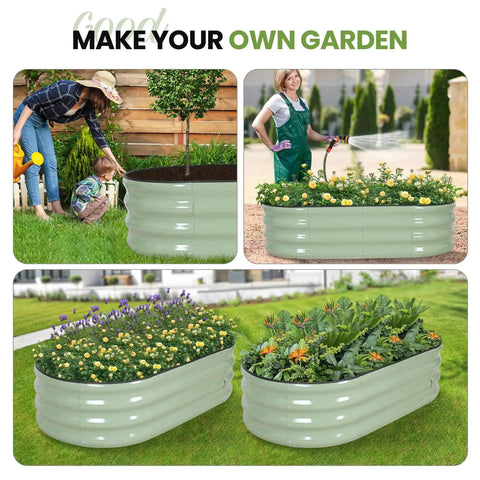 Raised Garden Beds Kit With Galvanized Planter Boxes 4x2x1 Ft Oval Outdoor Bed For Vegetables Fruits Flowers Herbs Includes Protective Tape Gloves And Tools Safe Foldable Edge Reinforced Durable Design in backyard setting