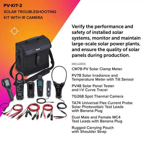 PV78 Solar Irradiance And Temperature Meter with Tilt Sensor and Compass alongside multiple solar troubleshooting tools.