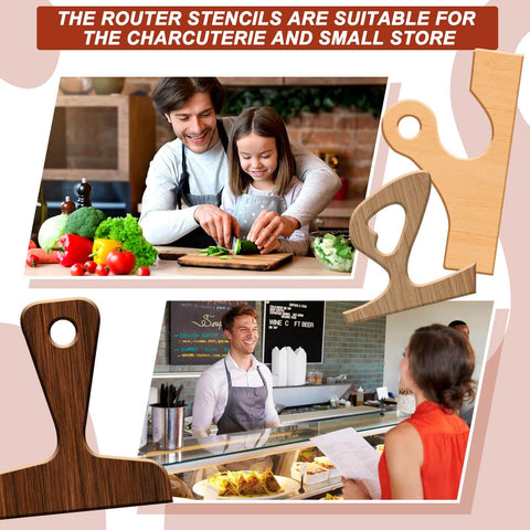 Five Pcs Acrylic Charcuterie Board Handle Template Set with angled curvy triangle, fishtail, and rectangle shapes on display