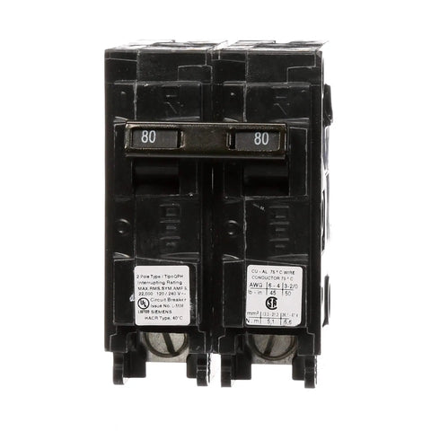 Front view of Q280H 80 Amp Double Pole 240 Volt Type QPH Circuit Breaker With 22kAIC Interrupting Rating, plug-in compatible with PL and ES load centers