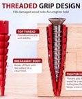 45 Piece Stripped Screw Hole Repair Kit For Wood And Furniture Fixes For Door Hinges And Cabinets Fits Two To Sixteen Wood Screws With Push In Plugs Red close-up threaded grip insert in wood