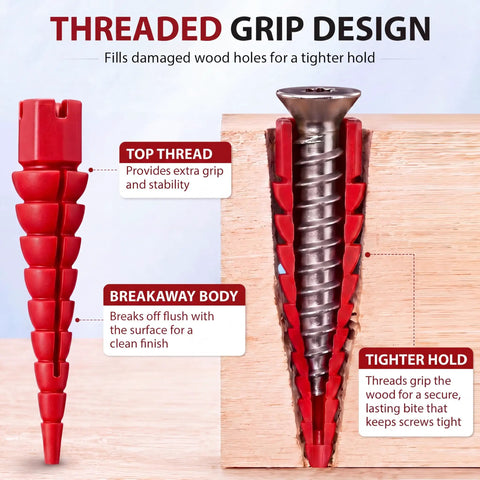 45 Piece Stripped Screw Hole Repair Kit For Wood And Furniture Fixes For Door Hinges And Cabinets Fits Two To Sixteen Wood Screws With Push In Plugs Red close-up threaded grip insert in wood
